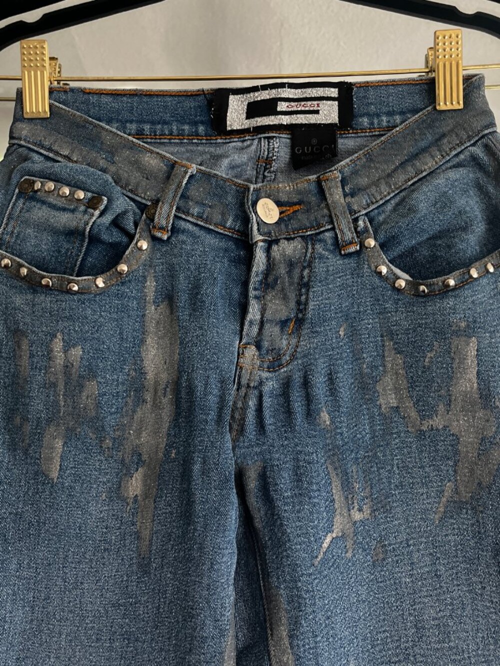 vintage gucci bootcut low waisted jeans with silver metallic paint size xs - Picture 3 of 6